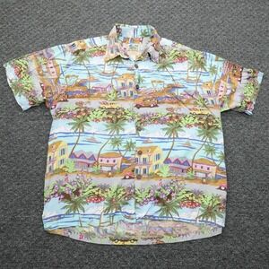 Vintage Kahala Ron Anderson Hawaiian Shirt Mens L Blue Rayon Scenic Print